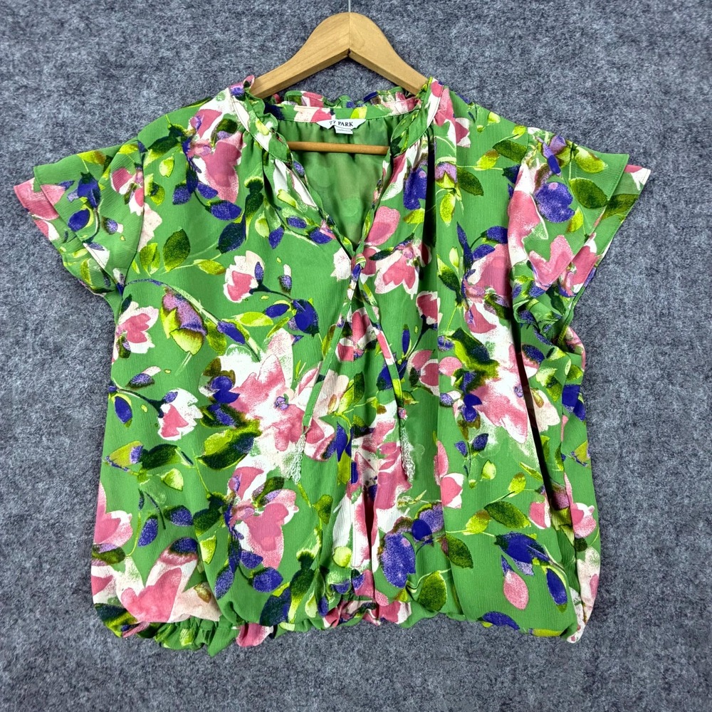 77 Park Blouse Top Womens XL Green Floral Flutter Sleeve Tie Neck Casual Summer